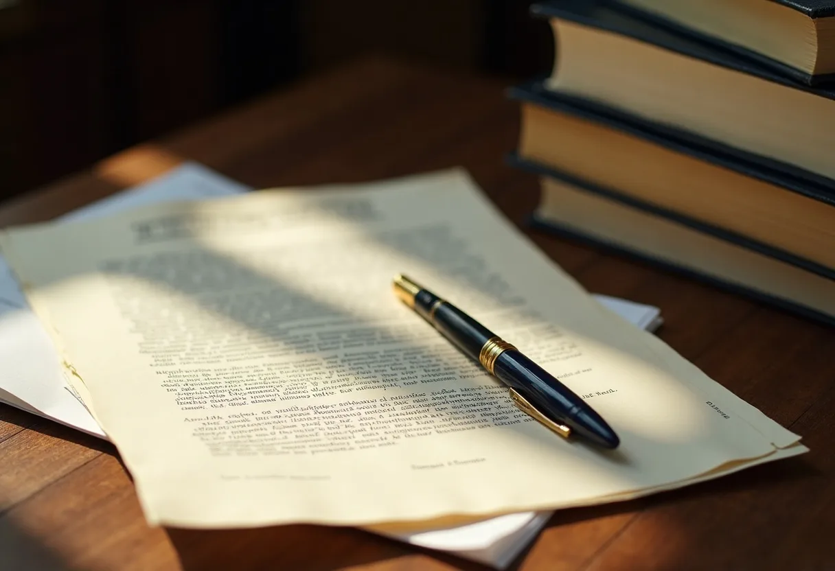 Written submissions and a pen on a desk beside statute volumes