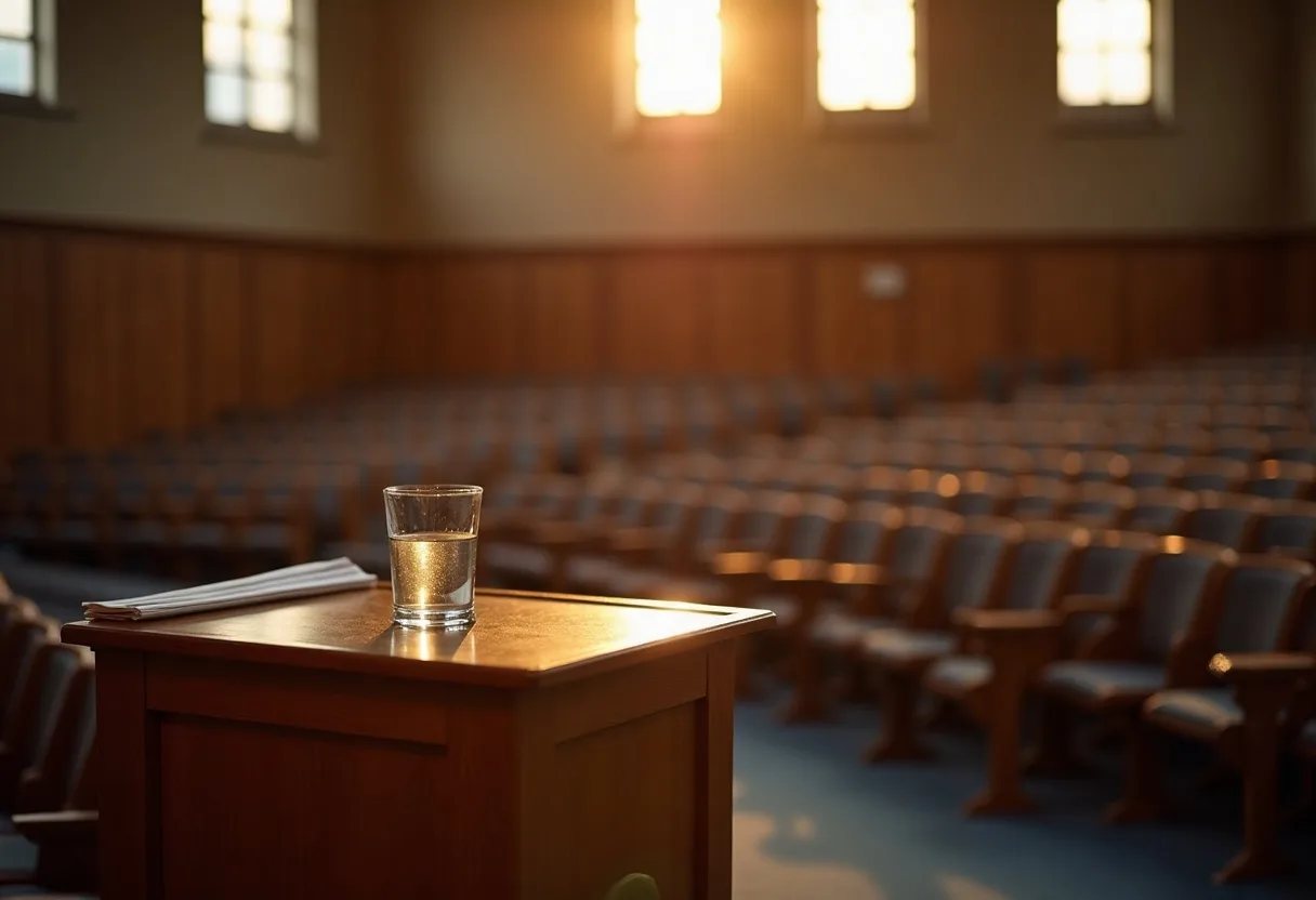 A lectern standing before empty auditorium seating