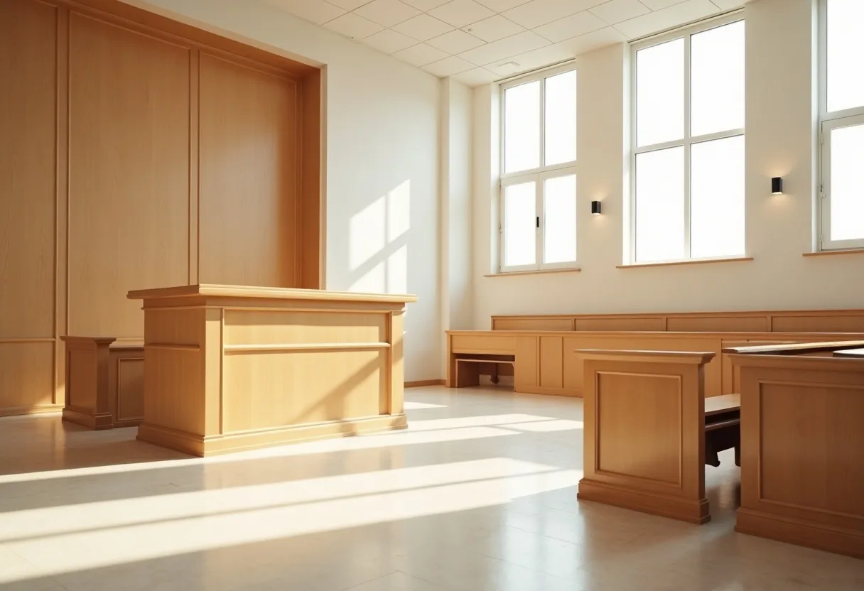 An empty courtroom with a judicial bench and public seating