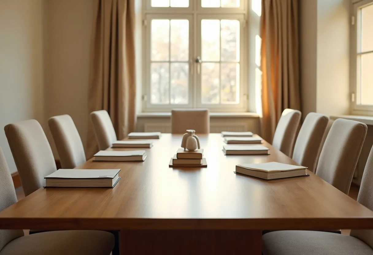 A seminar room set out with casebooks and notepads