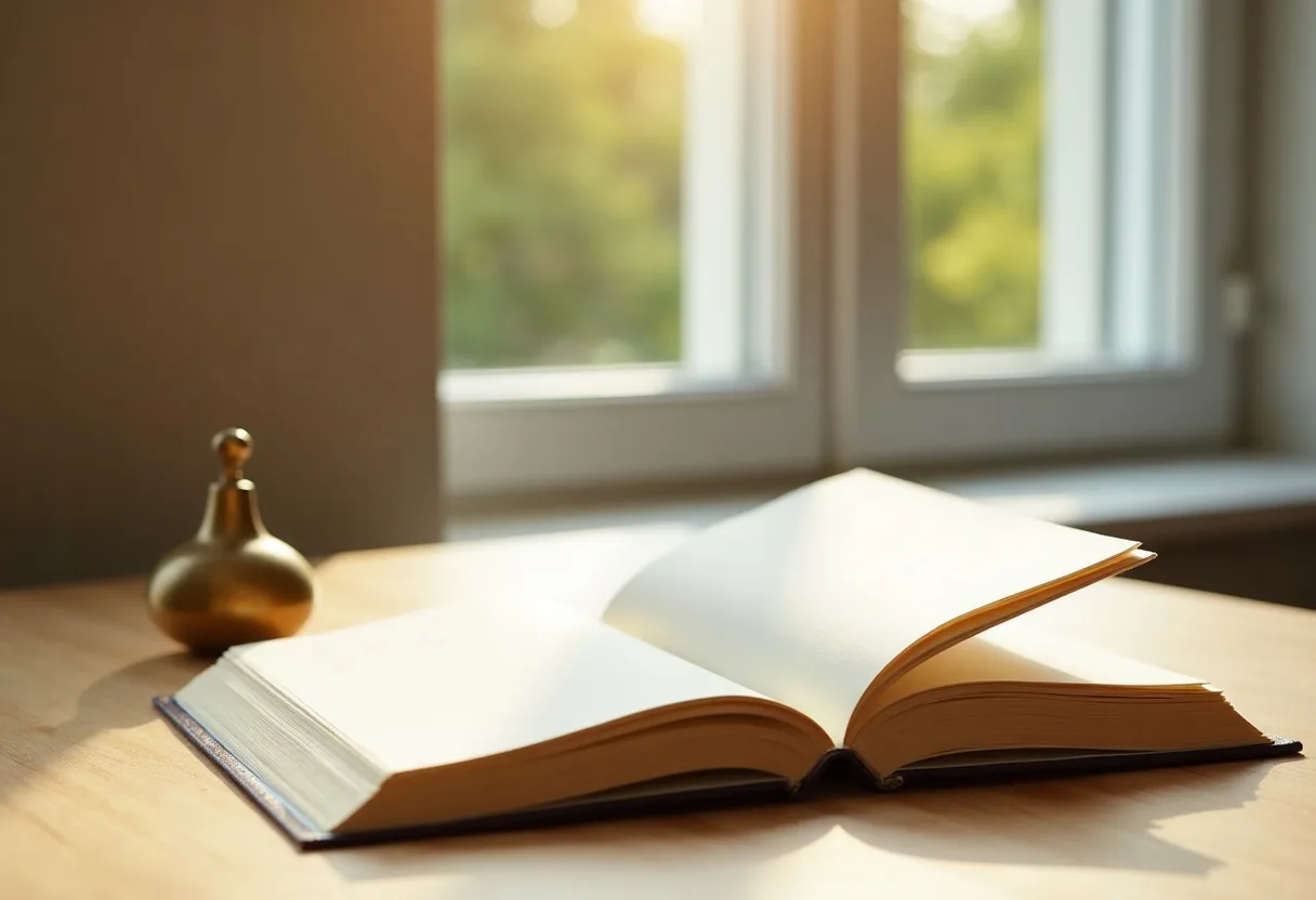 An open volume of law reports on a desk in bright morning light